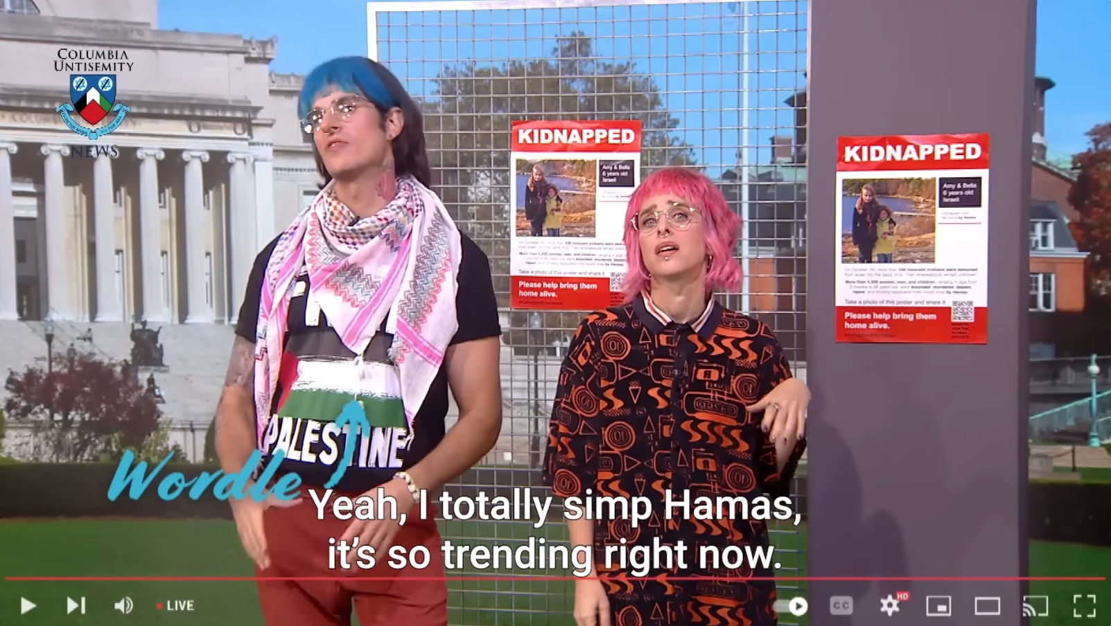 Pic. 2: Screen capture of a skit from the Israeli show Eretz Nehederet, describing two caricatures of US queer students, being depicted as antisemitic and supportive of Hamas. Posted by the @Israel official account on X (Twitter).